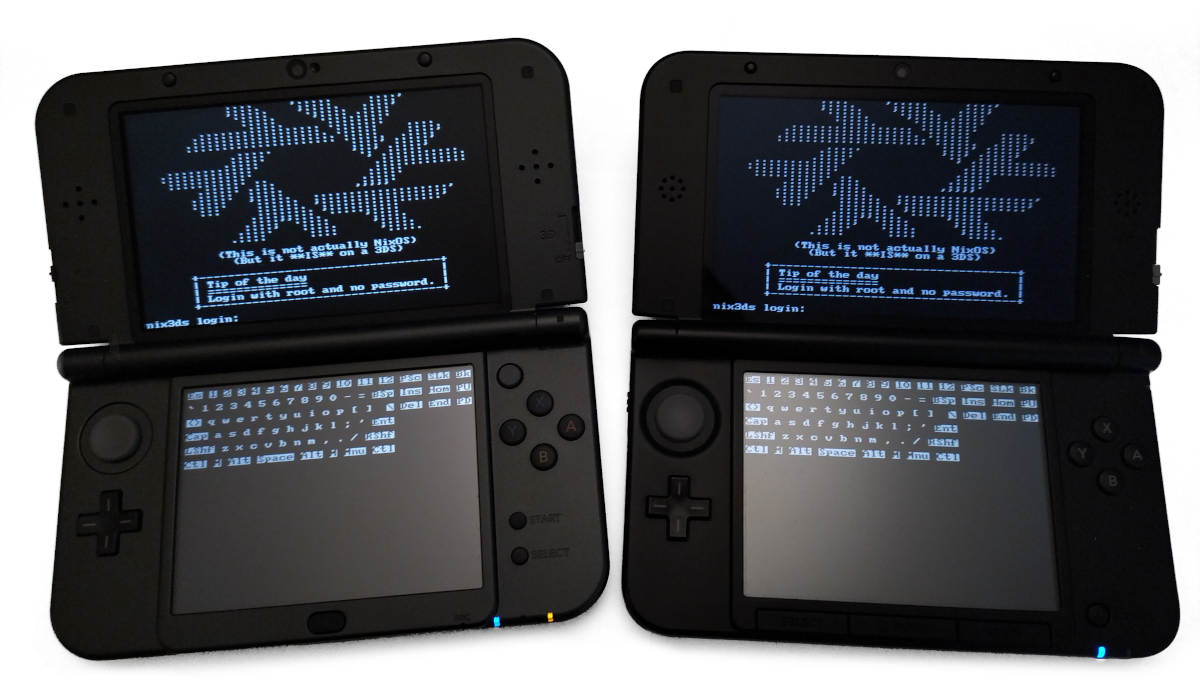 Two 3DS consoles at the login prompt of the toy system